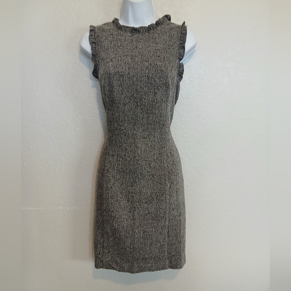 LOFT Dresses & Skirts - LOFT Grey & Black Tweed Sleeveless Sheath Dress Ruffle Neck & Sleeves. Cotton